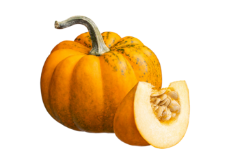 Whole orange pumpkin and slice of pumpkin isolated on white background. Clipping Path. Full Depth of field. Focus stacking