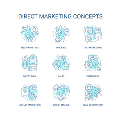 Fototapeta na wymiar Direct marketing turquoise concept icons set. Strategy of individual sales. Business idea thin line color illustrations. Isolated symbols. Editable stroke. Roboto-Medium, Myriad Pro-Bold fonts used