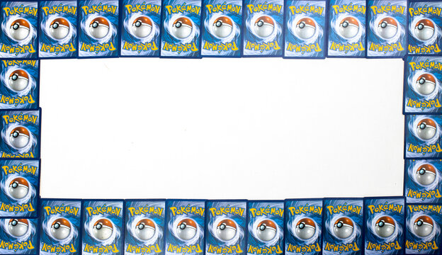 Pokemon trading cards, frame of multiple card backs, isolated on white background for designs