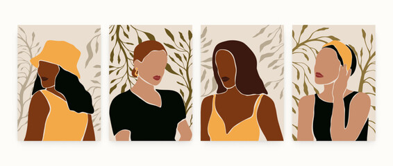 Modern posters with abstract woman portraits. Contemporary wall decor set, art prints in boho style. Colored vector illustrations © Екатерина Заносиенко