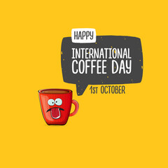 Fototapeta premium International coffee day cute illustration with happy red coffee cup character and greeting text isolated on yellow background. World Coffee day cartoon poster, print, label sticker, funny banner