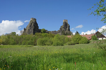 Trosky medieval castle ruin with two towers, tourist landmark of Bohemian Paradise, Trosky, Czechia