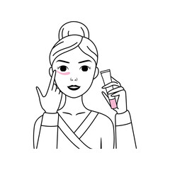 Beautiful Woman Holds an Eye Cream in Hand. Pretty Lady in a Bathrobe Applies Eye Cream. Healthy Skin and a Happy Smile. Black White Color. Line Style. White background. Vector image for Beauty Design