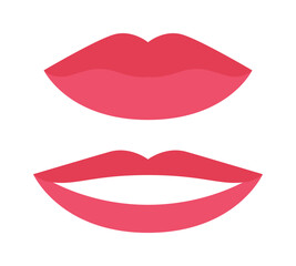 Isolated Beautiful Female Healthy Lips with Red Pink Lipstick. Nice Feminine Smile with White Teeth. Closed and Open Lips. Color Flat Cartoon Fashion style. White background. Vector illustration.