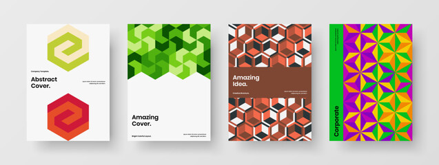 Amazing poster design vector layout set. Simple mosaic hexagons book cover illustration composition.