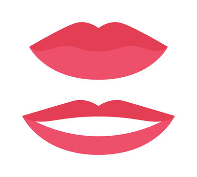 Isolated Beautiful Female Healthy Lips with Red Pink Lipstick. Nice Feminine Smile with White Teeth. Closed and Open Lips. Color Flat Cartoon Fashion style. White background. Vector illustration.