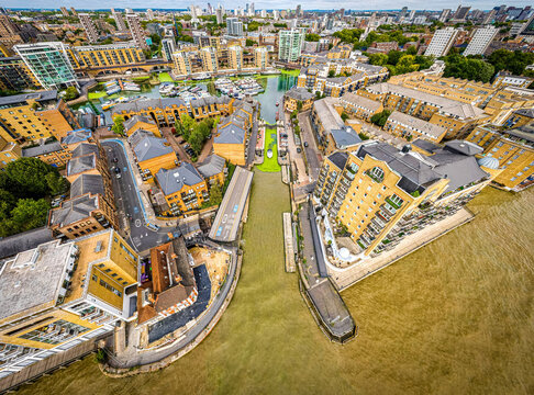 Aerial view of the Limehouse, a regenerated former dockland area at the River Thames in London