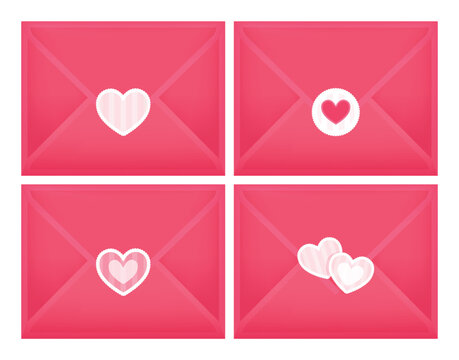 Gift Sealed Pink Envelopes with a Red Heart. Set. Closed Envelopes with Symbol of Love for Beloved. Color Realistic style. White background. Vector illustration for Romantic Valentine Day Holiday.