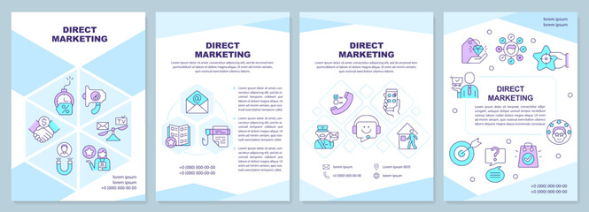 Fototapeta na wymiar Direct marketing blue brochure template. Strategy. Leaflet design with linear icons. Editable 4 vector layouts for presentation, annual reports. Arial-Black, Myriad Pro-Regular fonts used