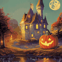 Fototapeta na wymiar Halloween creepy vector background. Scary cartoon illustration. Horror moon, pumpkins and tombstones creepy background.