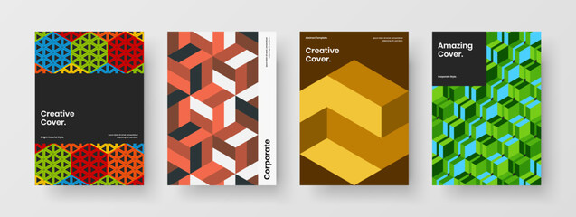 Clean mosaic shapes book cover concept bundle. Bright company brochure A4 design vector layout set.