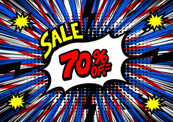 70 Percent OFF Discount on a Comics style bang shape background. Pop art comic discount promotion banners.