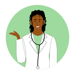 Black female doctor in white uniform giving some advice.