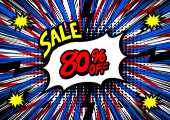 80 Percent OFF Discount on a Comics style bang shape background. Pop art comic discount promotion banners.