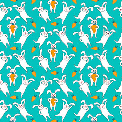 Symbol of chinese new year 2023 rabbit zodiac sign. Funny Bunnies seamless pattern, art background. Vector illustration.
Cute bunny  with carrots. Baby cute cartoon.