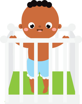 black baby stand in playpen. Happy african american toddler in bed. Newborn child, Little kid smile