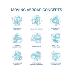 Moving abroad turquoise concept icons set. Before travel overseas tips. Relocating idea thin line color illustrations. Isolated symbols. Editable stroke. Roboto-Medium, Myriad Pro-Bold fonts used
