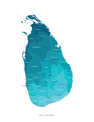 Vector isolated illustration. Simplified admimistrative map of Sri Lanka. Blue shapes of Iregions. Names of the cities and provinces. White background