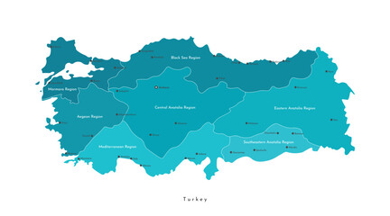 Fototapeta premium Vector isolated colorful illustration. Simplified administrative geographical map of Turkey. Names of Turkish cities and region. White background.