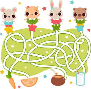 Maze puzzle. Help animals find food. labyrinth Activity for toddlers. educational children game