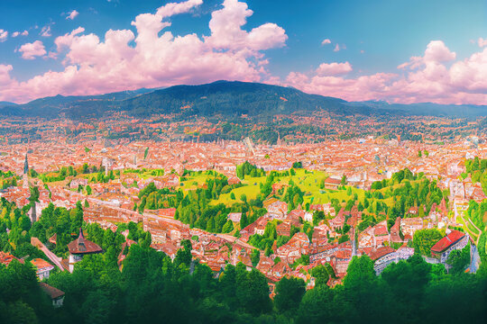  Panoramic view from above the old town of Bern capital of Switzerland , style U1 1