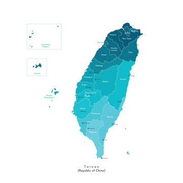 Vector isolated colorful illustration. Simplified administrative geographical map of Taiwan (Republic of China). Names of taiwanese cities and region. White background