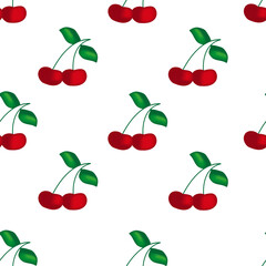 Seamless pattern with cherries with green tail and leaves. Beautiful cherry background. Set of ripe summer berry. 