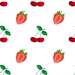 Seamless pattern with cherries and strawberry with green tail and leaves. Beautiful cherry background. Set of ripe summer berry. 