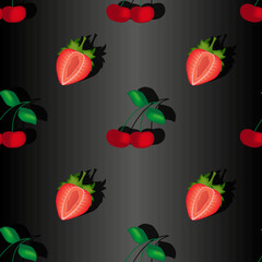 Seamless pattern with cherries and strawberry with green tail and leaves. Beautiful cherry background with shadow. Set of ripe summer berry. 
