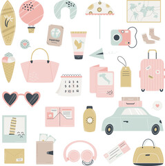 Set of holiday elements, objects for trip, vacation, journey.