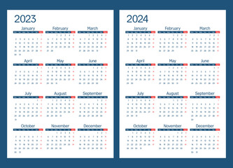 calendar 2023 and 2024, week starts on Monday, basic business template. vector illustration
