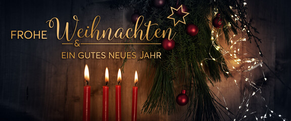 Horizontal christmas greeting card with german text - merry christmas and a happy new year - four...