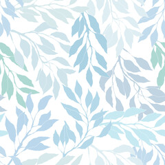 Seamless pattern with blue painted tree branches and leaves, winter frost