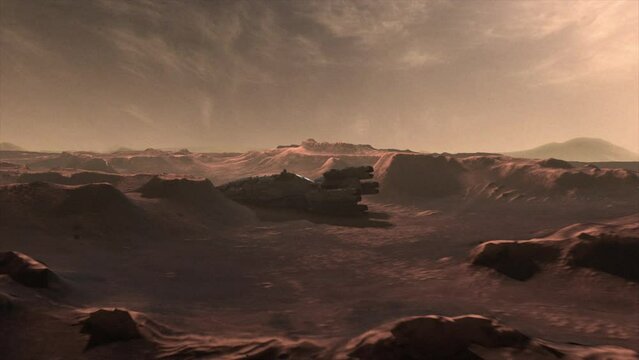 High quality cinematic 3D CGI render of a mars landscape scene flyover with the vast hulk of a crashed derelict spaceship, dead and long abandoned on the valley floor, in martian red color scheme