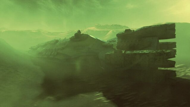 High quality cinematic 3D CGI render of the vast hulk of a crashed derelict spaceship, dead and long abandoned on the valley floor of this alien landscape, in alien green color scheme