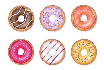 Realistic donut cake set. Doughnut desserts with chocolate cream icing and sprinkles