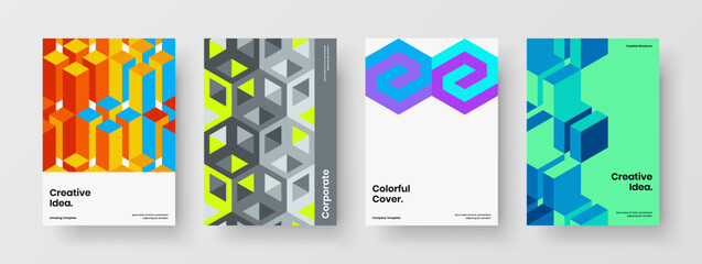 Amazing catalog cover A4 vector design concept set. Bright geometric tiles company brochure template bundle.