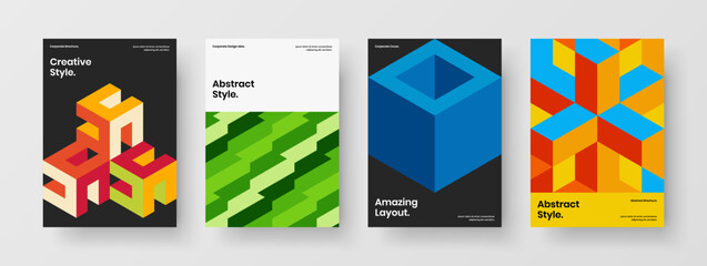Fototapeta premium Trendy company brochure A4 design vector concept collection. Colorful mosaic hexagons journal cover template bundle.