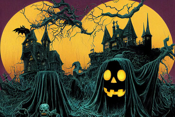 Halloween  creepy  house  background, vintage style, digital illustration