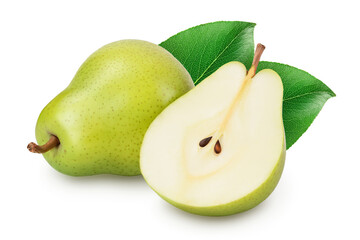 Green pear fruit with half isolated on white background with full depth of field