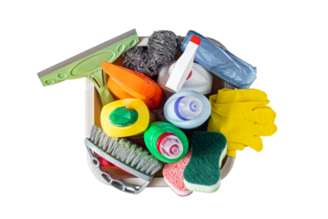 Basket with cleaning items isolated on white background. Washing set wider banner, top view. Full Depth of field. Focus stacking