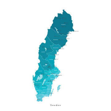 Vector isolated illustration. Simplified administrative map of Sweden. Blue shapes of regions. Names of swedish cities (Malm&ouml;, Gothenburg) and provinces