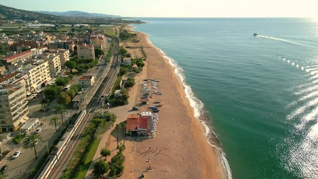 Pineda de Mar beach without people Santa Susanna Costa del Maresme province of Barcelona in Spain aerial views with drone