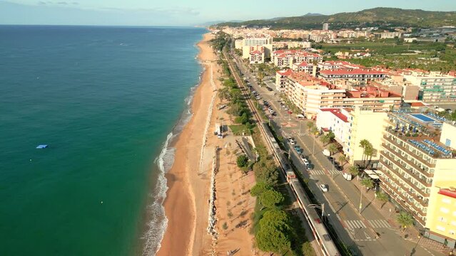 Pineda de Mar beach without people Santa Susanna Costa del Maresme province of Barcelona in Spain aerial views with drone