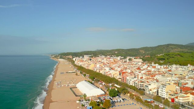 Pineda de Mar beach without people Santa Susanna Costa del Maresme province of Barcelona in Spain aerial views with drone