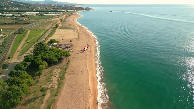 Pineda de Mar beach without people Santa Susanna Costa del Maresme province of Barcelona in Spain aerial views with drone