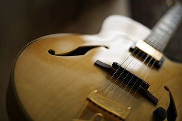 Detail of a semi-acoustic jazz guitar.