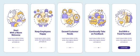 Practices in hospitality customer service onboarding mobile app screen. Walkthrough 5 steps editable graphic instruction with linear concepts. UI, UX, GUI template. Myriad Pro-Bold, Regular fonts used