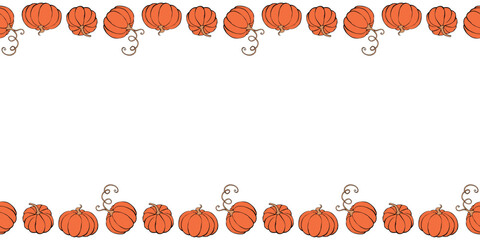 Background, frame made of outline orange pumpkins in doodle flat style. Horizontal top and bottom edging, border, decoration for seasonal design, thanksgiving theme and Halloween