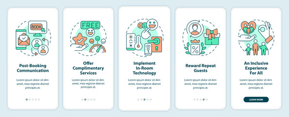 Elevating guest satisfaction onboarding mobile app screen. Inclusivity walkthrough 5 steps editable graphic instructions with linear concepts. UI, UX, GUI template. Myriad Pro-Bold, Regular fonts used